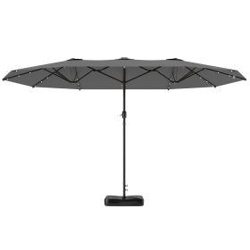 Outsunny Garden Parasol 14.4ft Double-Sided Sun Umbrella with Base, Patio Parasol with LED Solar Lights, Gray