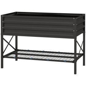 Outsunny Black Galvanized Raised Bed: Elevated Planter with Shelf, Liner Included for Outdoor Gardening|