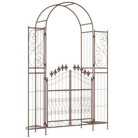 7' Metal Garden Arbor, Garden Arch with Gate, Fleur De Lis Motif, Latching Doors, Planter Shelves for Climbing Vines, Ceremony, Weddings, Party