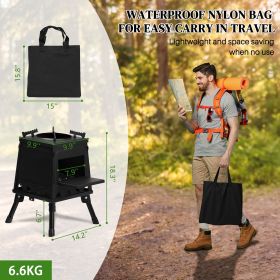 Portable Camping Stove with Detachable Iron Panels Black 27x27x34cm Lightweight Foldable Outdoor Wood Burning Fire Pit for Picnic BBQ Hiking Back (Color: Reinforced Black)