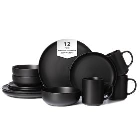12-Piece Stoneware Dinnerware Sets with Mugs | Microwave & Dishwasher Safe | Non-Toxic Dinner Plates Bowls Set | Stackable Matte Glaze Kitchenwar (Main Material: Stone, Main Color: Black)