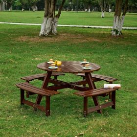 Outdoor 6 Person Picnic Table, 6 person Round Picnic Table with 3 Built-in Benches, Umbrella Hole, Outside Table and Bench Set for Garden, Backya (Color: Brown, Person: 8)